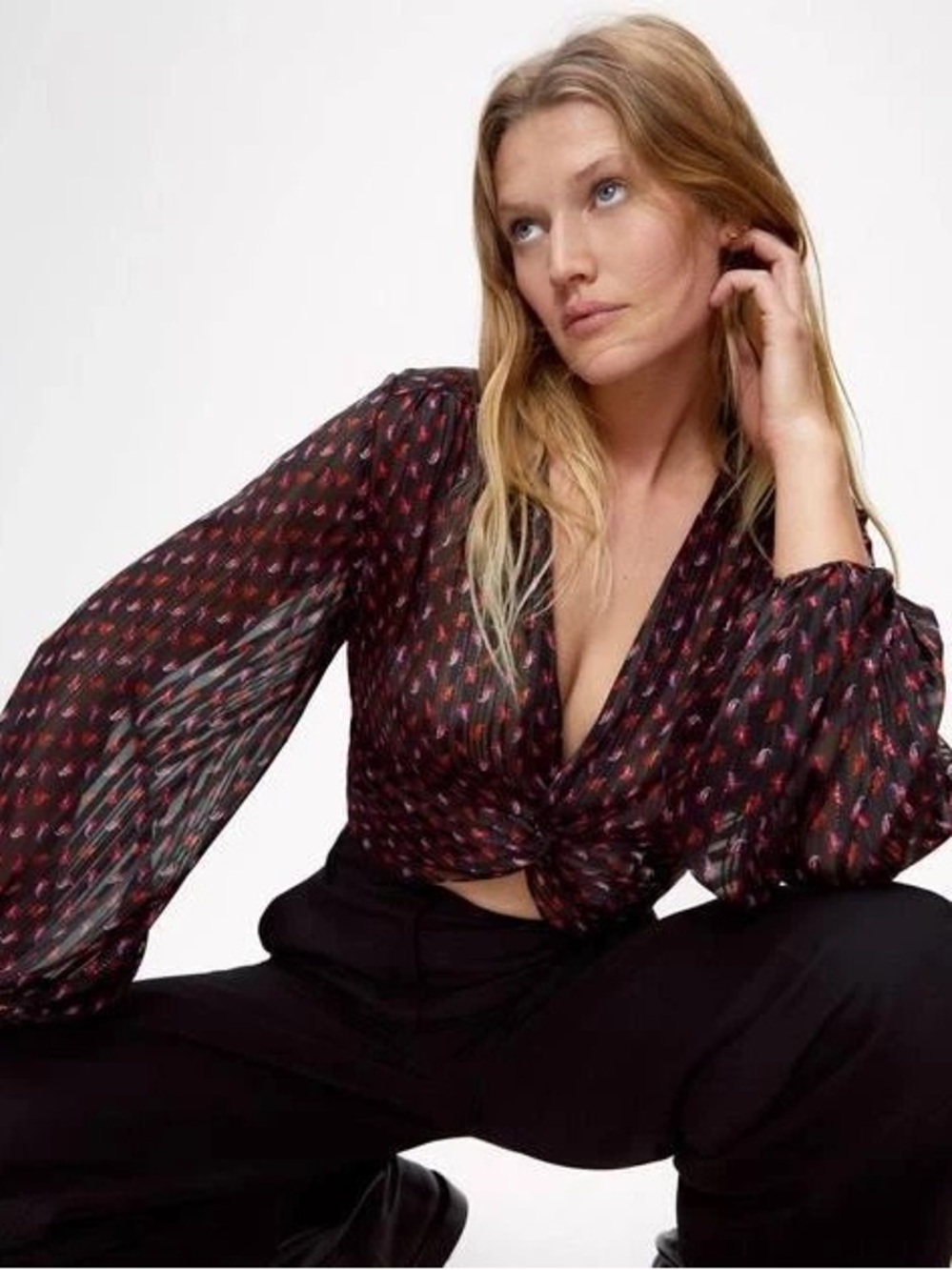 Zara Black Floral Twist Front Long Sleeve Crop Top